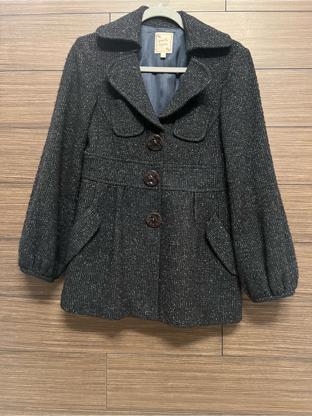 Vintage Nanette Lepore Tweed Babydoll Coat Size 6 - Charcoal Grey/Black